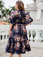 Plus Size Floral Surplice Neck Midi Dress - Flyclothing LLC