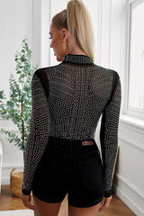 Rhinestone Mock Neck Long Sleeve Bodysuit - Flyclothing LLC