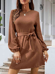 Round Neck Tie Front Long Sleeve Dress - Flyclothing LLC