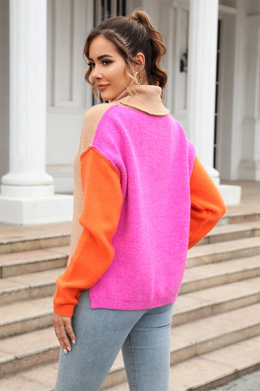 Color Block Turtleneck Slit Sweater - Trendsi