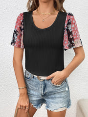 Printed Puff Sleeve Round Neck Tee - Flyclothing LLC