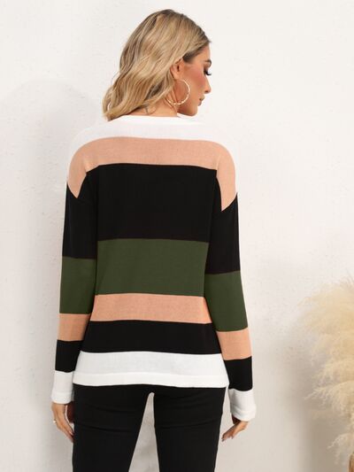 Striped Round Neck Dropped Shoulder Sweater - Flyclothing LLC