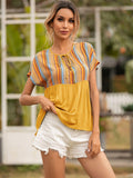 Striped Tie Neck Short Sleeve Blouse - Flyclothing LLC