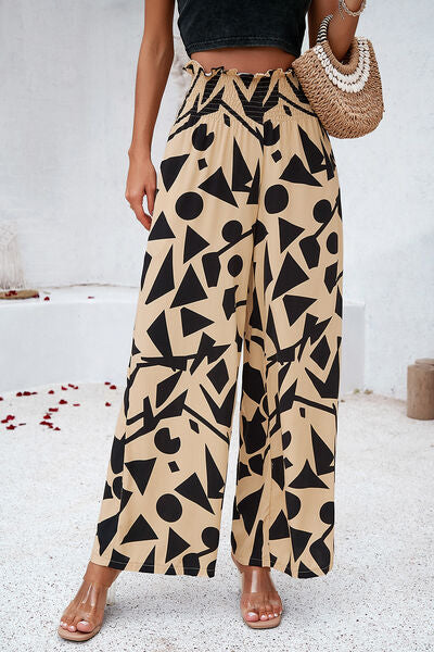 Smocked Printed Wide Leg Pants with Pockets - Flyclothing LLC