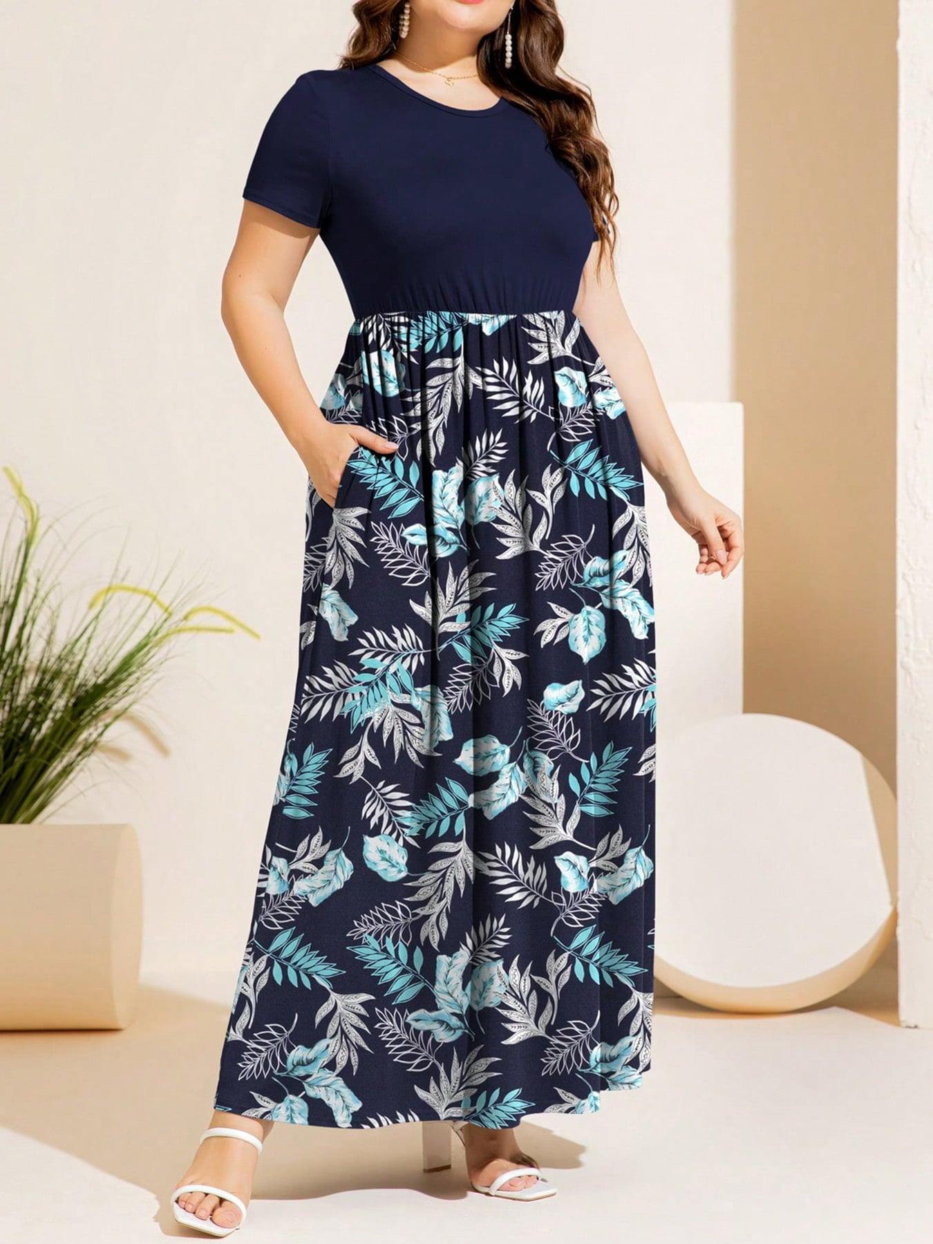 Plus Size Printed Round Neck Short Sleeve Maxi Dress - Flyclothing LLC