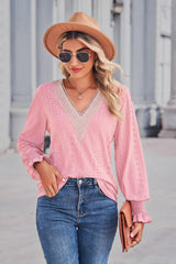 Contrast V-Neck Flounce Sleeve Top - Trendsi