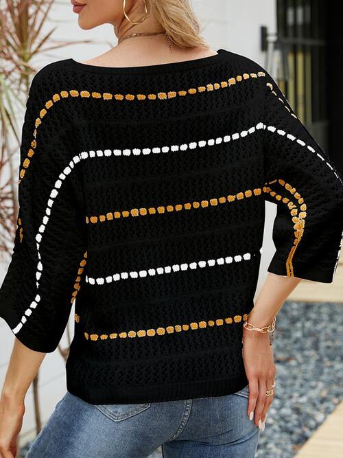 Eyelet Striped Round Neck Knit Top - Flyclothing LLC