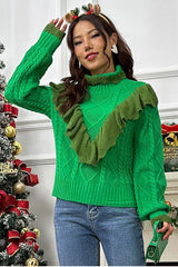 Cable-Knit Ruffled Mock Neck Lantern Sleeve Sweater - Trendsi