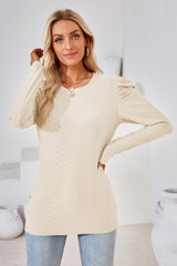 Round Neck Puff Sleeve Blouse - Flyclothing LLC