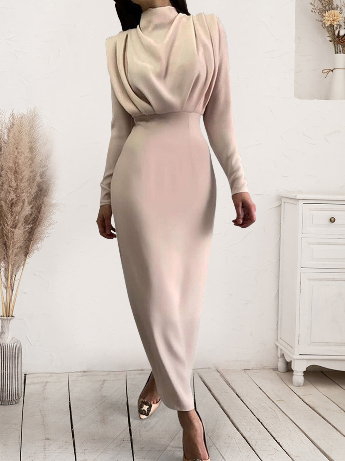 Ruched Turtleneck Long Sleeve Dress - Flyclothing LLC