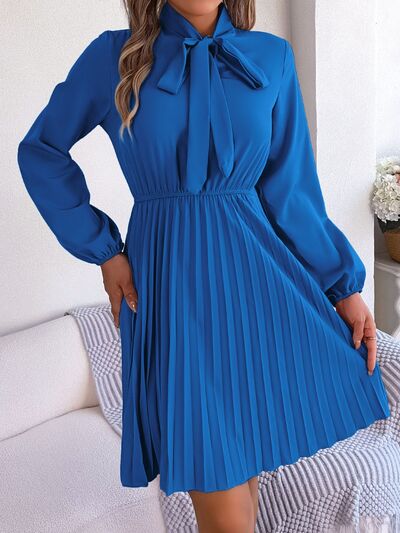 Tie Neck Balloon Sleeve Pleated Dress - Flyclothing LLC