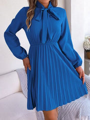 Tie Neck Balloon Sleeve Pleated Dress - Flyclothing LLC