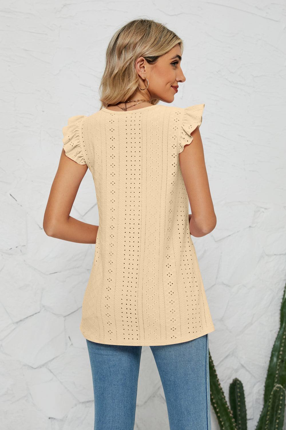 Smocked Round Neck Eyelet Top - Flyclothing LLC