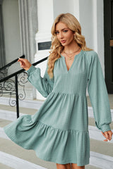 Notched Neck Long Sleeve Mini Dress - Flyclothing LLC