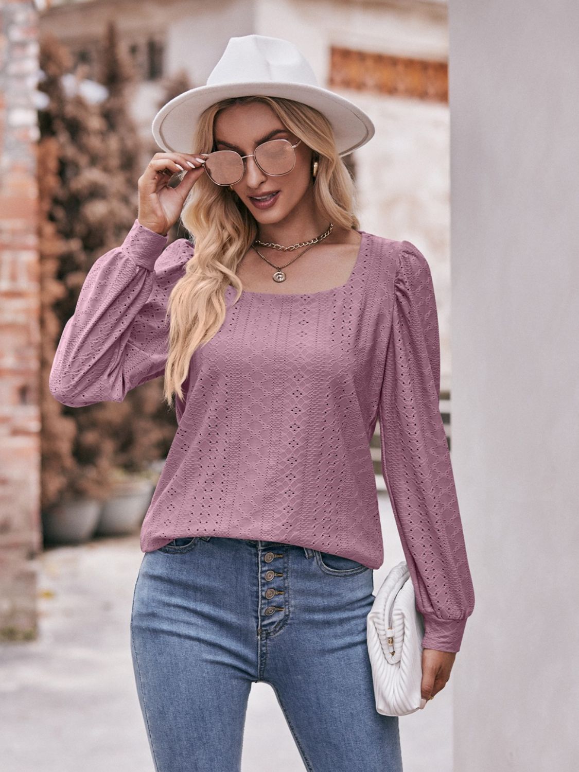 Eyelet Square Neck Puff Sleeve Blouse - Flyclothing LLC