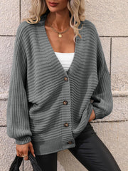 Button Down Horizontal-Ribbing Longline Cardigan - Flyclothing LLC