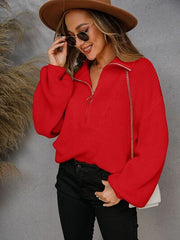 Half Zip Dropped Shoulder Sweater - Flyclothing LLC