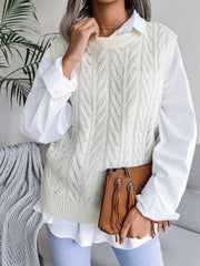 Round Neck Openwork Capped Sleeve Sweater Vest - Flyclothing LLC