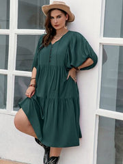 Plus Size Tie Neck Balloon Sleeve Midi Dress - Flyclothing LLC