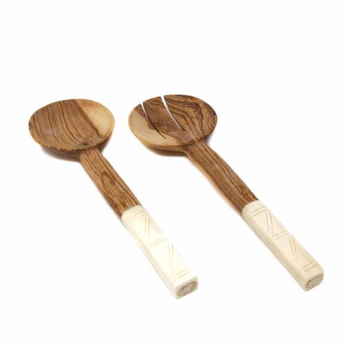 Olive Wood Salad Servers with Bone Handles, White with Square Design - Jedando