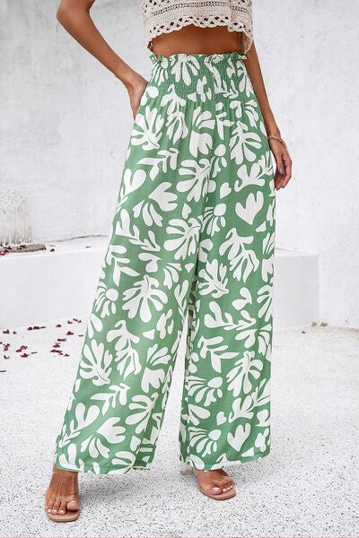 Smocked Printed Wide Leg Pants with Pockets - Flyclothing LLC