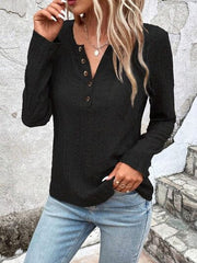 Openwork Half Button Long Sleeve Blouse - Flyclothing LLC