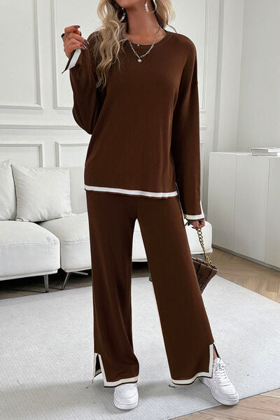 Contrast Trim Round Neck Top and Pants Set - Flyclothing LLC