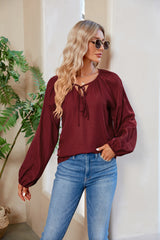 Tie Neck Balloon Sleeve Blouse - Flyclothing LLC