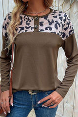 Leopard Buttoned Round Neck Drop Shoulder Top - Flyclothing LLC