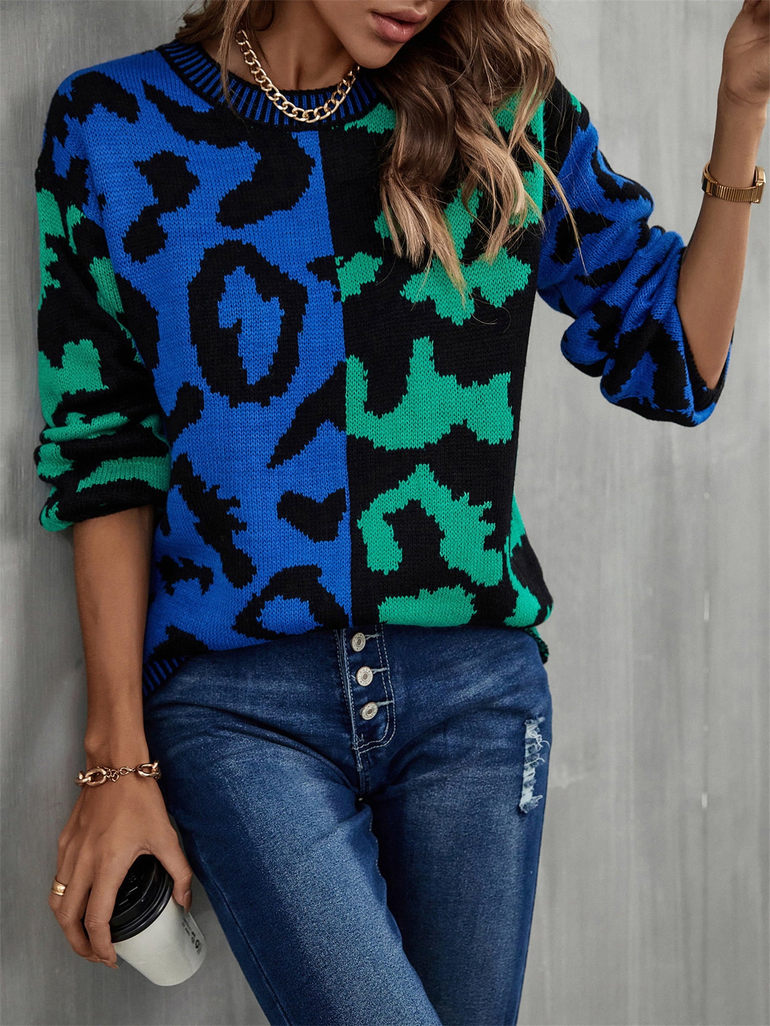 Round Neck Contrast Color Dropped Shoulder Sweater - Trendsi