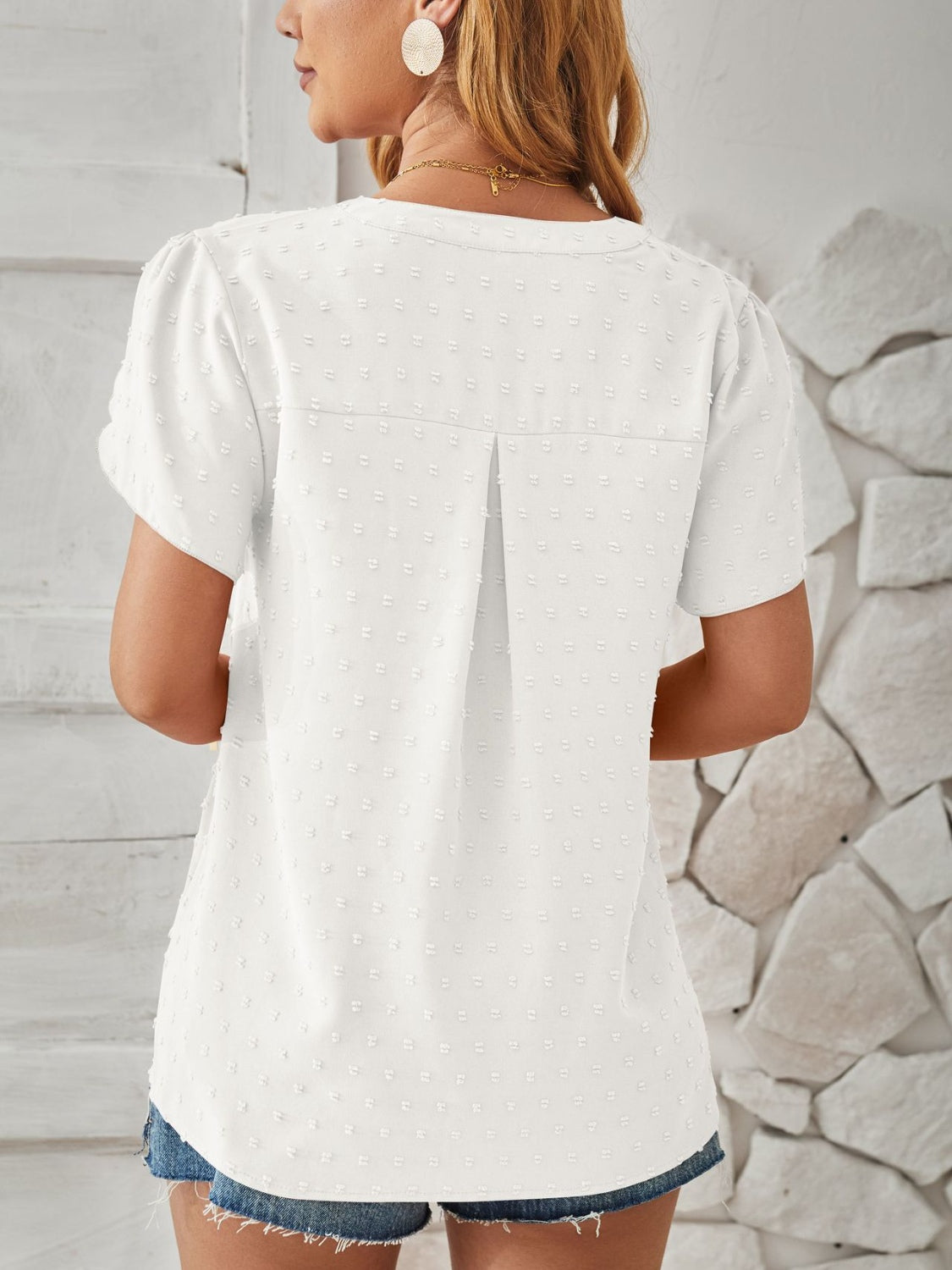 Swiss Dot Notched Petal Sleeve T-Shirt - Flyclothing LLC