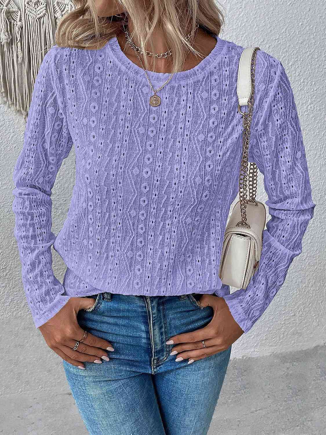 Eyelet Round Neck Long Sleeve Top - Flyclothing LLC