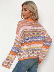 Rainbow Stripe Openwork Flare Sleeve Knit Top - Flyclothing LLC