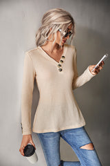 Waffle-Knit Button Detail V-Neck Top - Flyclothing LLC