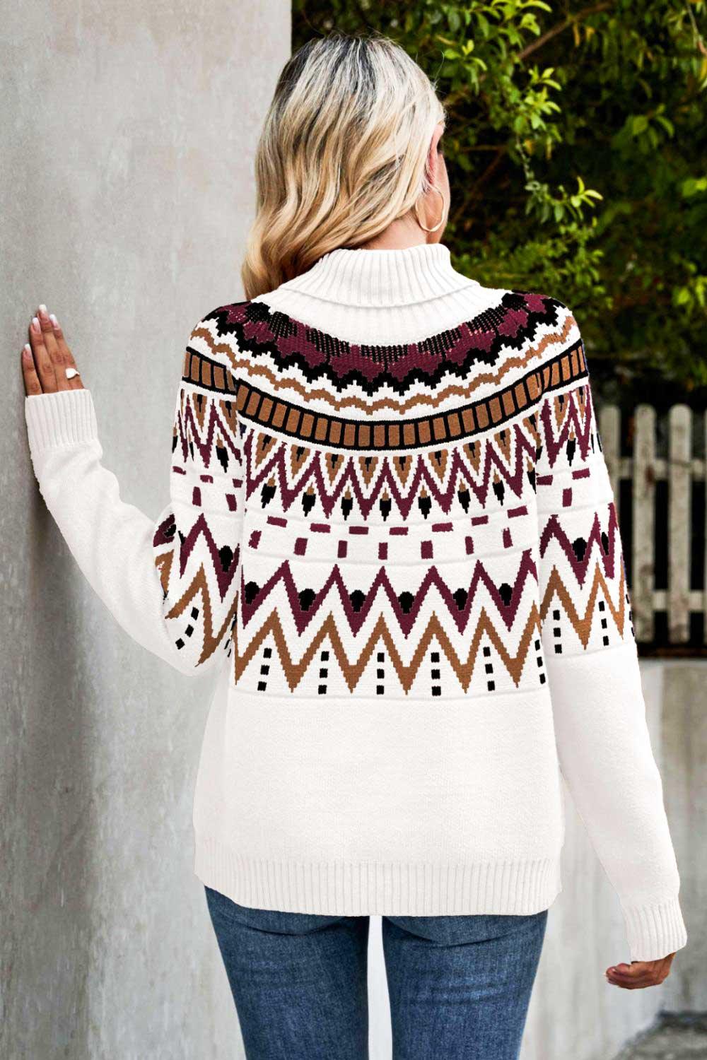 Chevron Turtleneck Ribbed Trim Sweater - Trendsi