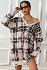 Plaid V-Neck Long Sleeve Sweater Dress - Flyclothing LLC