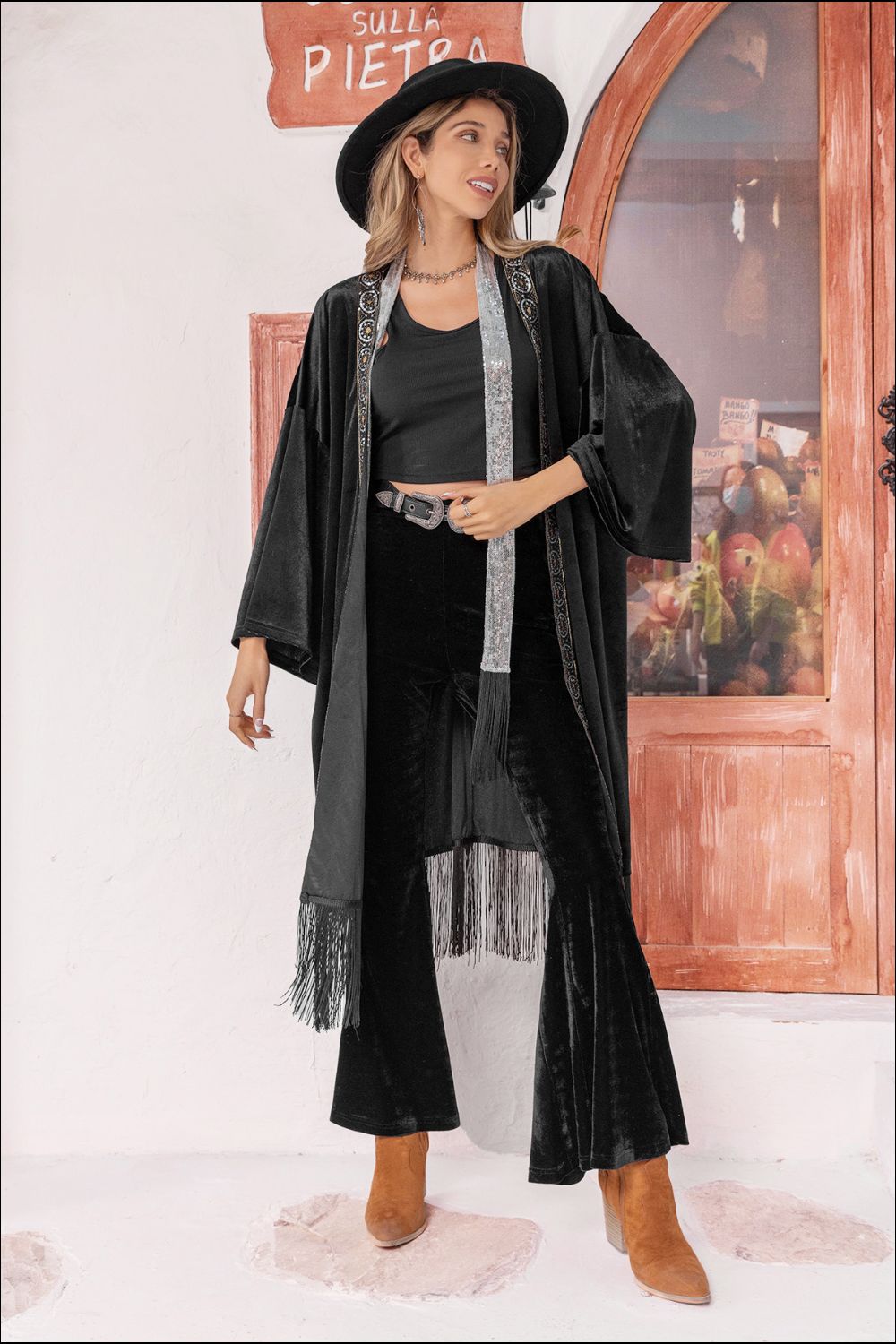 Opne Front Fringe Detail Long Sleeve Cardigan - Flyclothing LLC