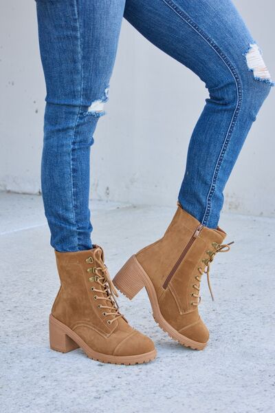 Forever Link Lace-Up Zipper Detail Block Heel Boots - Flyclothing LLC