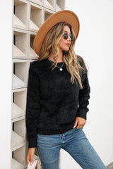 Dropped Shoulder Round Neck Fuzzy Sweater - Flyclothing LLC