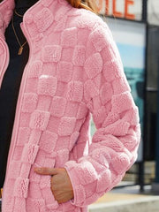 Fuzzy Checkered Zip Up Jacket - Flyclothing LLC