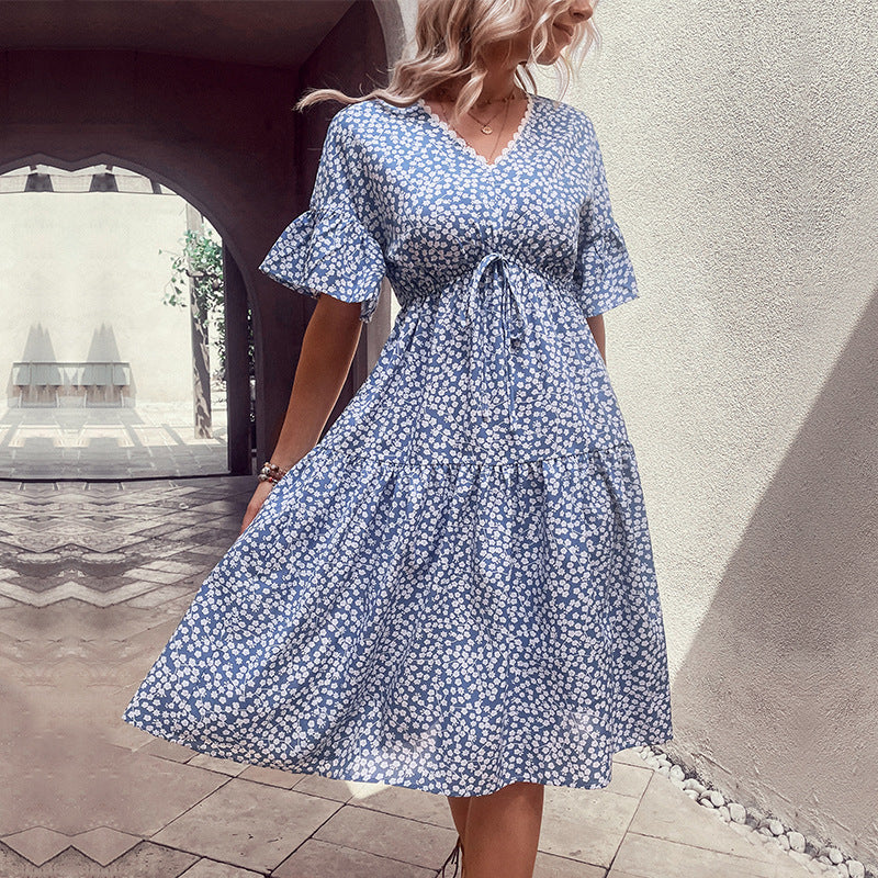 Floral Flounce Sleeve V-Neck Dress - Flyclothing LLC