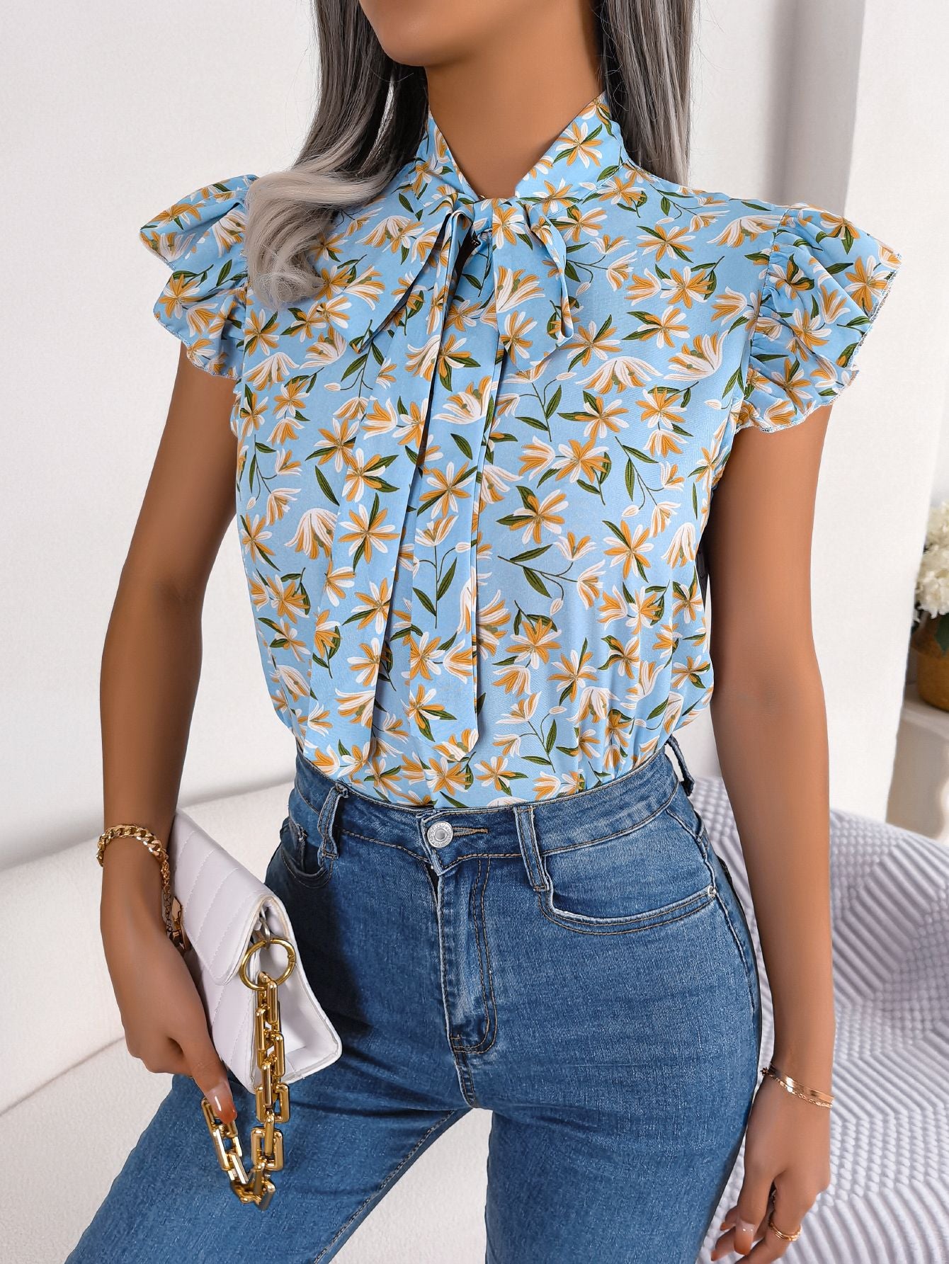 Floral Tie Neck Flutter Sleeve Blouse - Flyclothing LLC