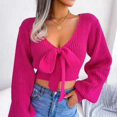 Tie-Front Rib-Knit Cropped Sweater - Flyclothing LLC