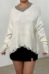 Distressed V-Neck Dropped Shoulder Sweater - Flyclothing LLC