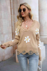 Flower Distressed Long Sleeve Sweater - Flyclothing LLC