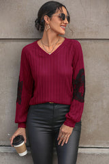 Ribbed Lace Detail V-Neck Sweater - Flyclothing LLC