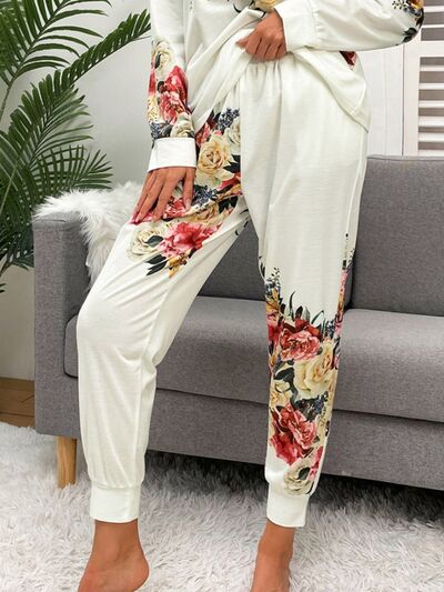 Printed Round Neck Top and Drawstring Pants Lounge Set - Flyclothing LLC