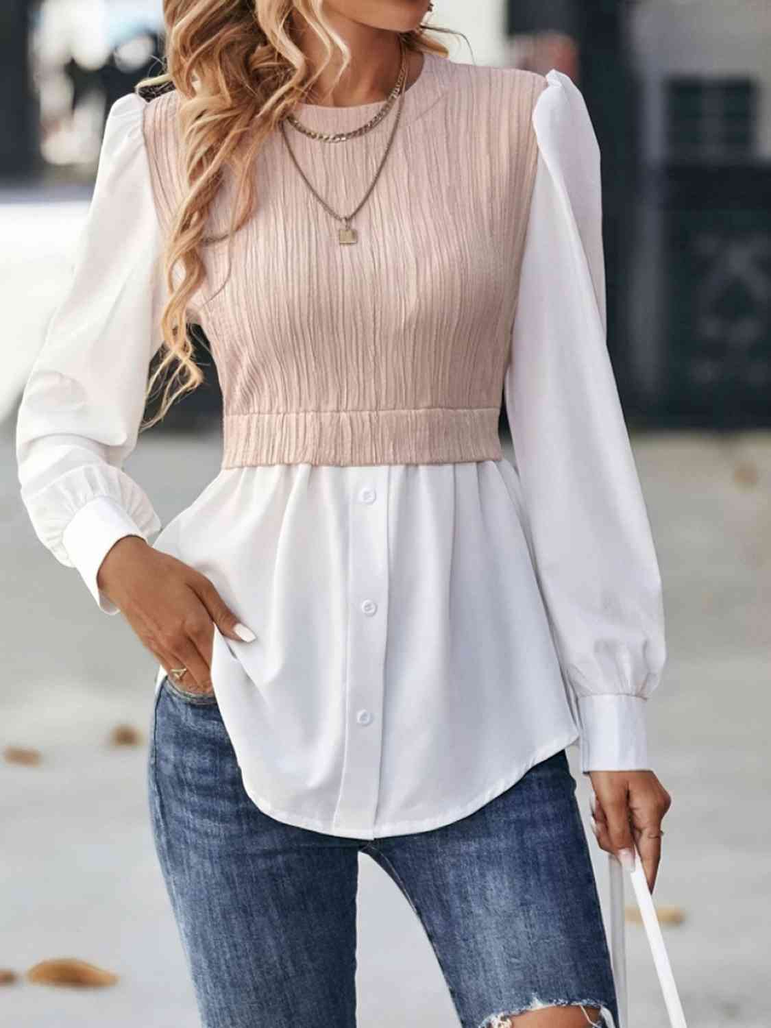 Contrast Round Neck Puff Sleeve Blouse - Flyclothing LLC