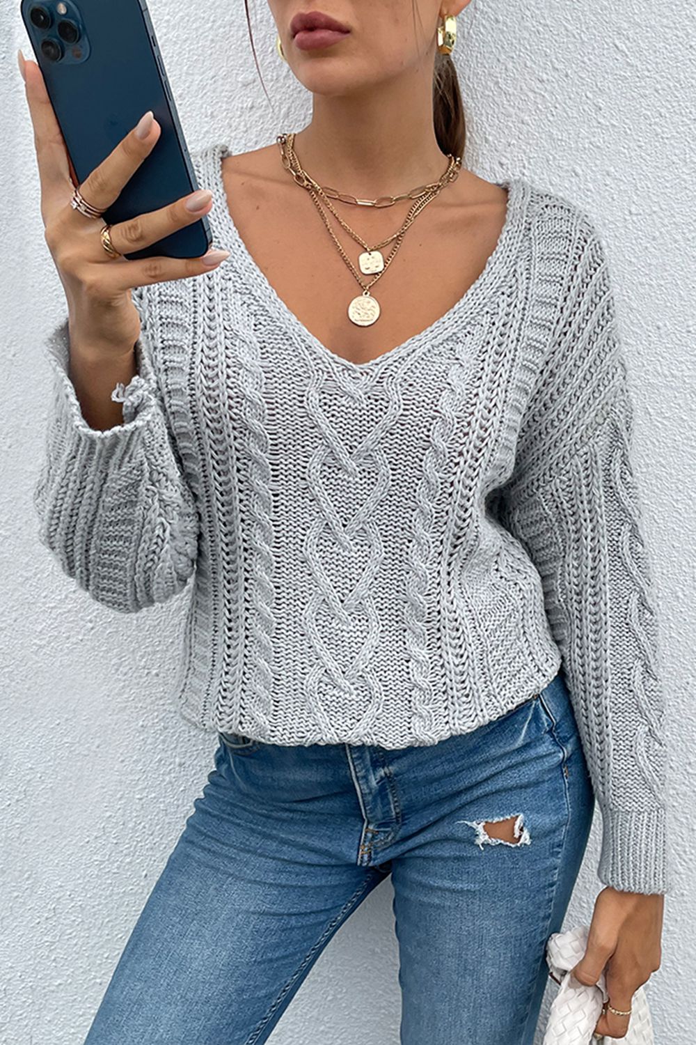 V-Neck Cable-Knit Long Sleeve Sweater - Flyclothing LLC