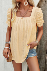 Eyelet Square Neck Puff Sleeve T-Shirt - Flyclothing LLC